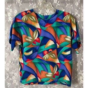 Vintage 80s 90s Abstract Print Blouse Colorful Artsy Geometric Top Size XL
